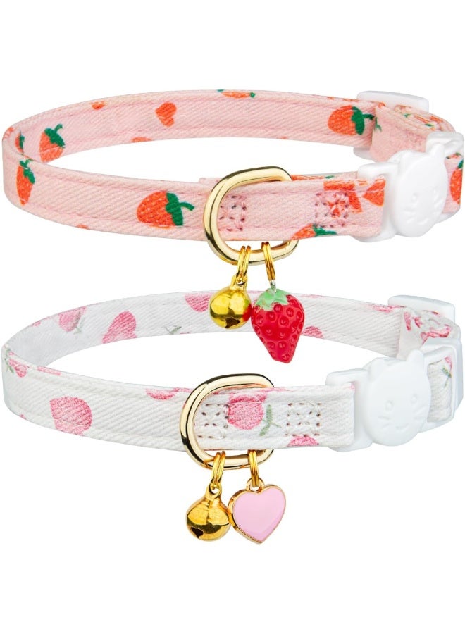 2 Pack Cotton Breakaway Cat Collars with Bell, Pink Strawberry and White Heart Cute Pendants, Breathable Soft Kitten Collar - Image 1