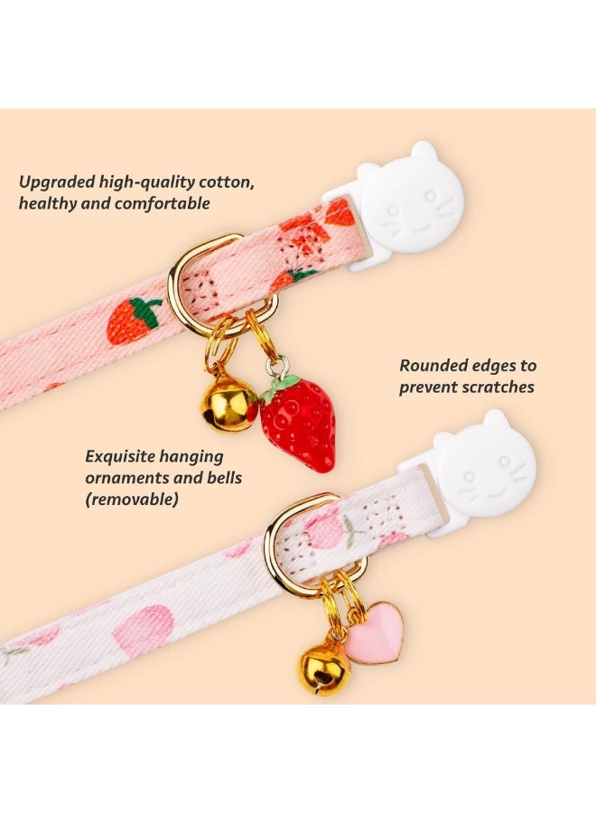 2 Pack Cotton Breakaway Cat Collars with Bell, Pink Strawberry and White Heart Cute Pendants, Breathable Soft Kitten Collar - Image 2