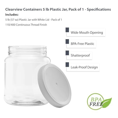 CLEARVIEW CONTAINERS - 5lb, 57 Ounce Plastic Jar with 110/400 Leak Proof Seal Lid - Food Grade and BPA Free (57oz, 1pk) - Image 4