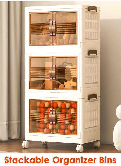 3-Tier Foldable Plastic Storage Bins with Wheels and Dual Doors, Stackable Organizer for Bathroom, Bedroom, Kitchen, and Office – Easy Assembly, Space-Saving Design, and High Durability