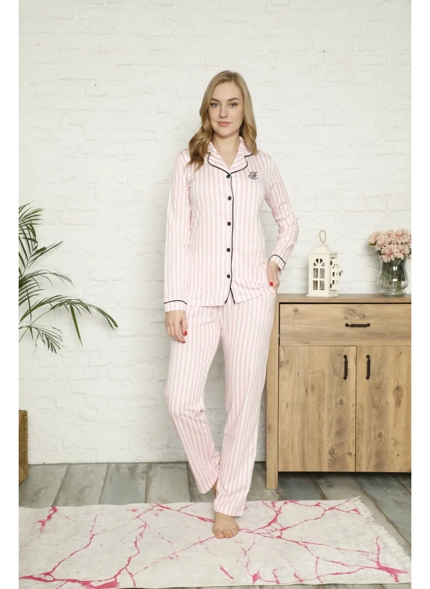 Bie'S Women's Pink White Striped Front Buttoned Shirt Collar Long Sleeve Seasonal Cotton Lycra Pajama Set