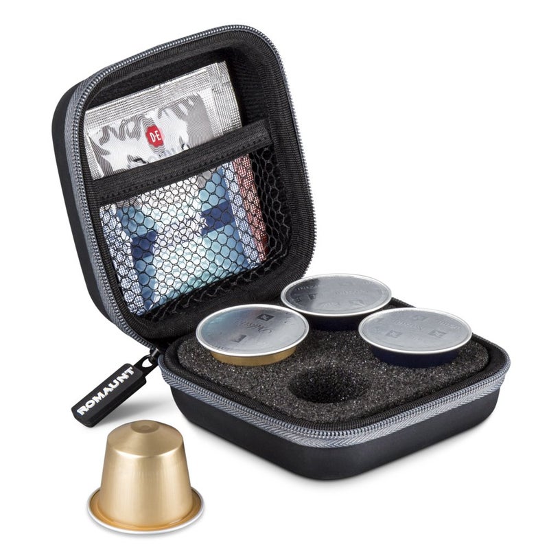 Protective Carrying Case For Nespresso  Compatible Capsules Portable Espresso Maker Coffee Pod Holder PU Material Hard Shell Portable GreyHolds 4 Pods