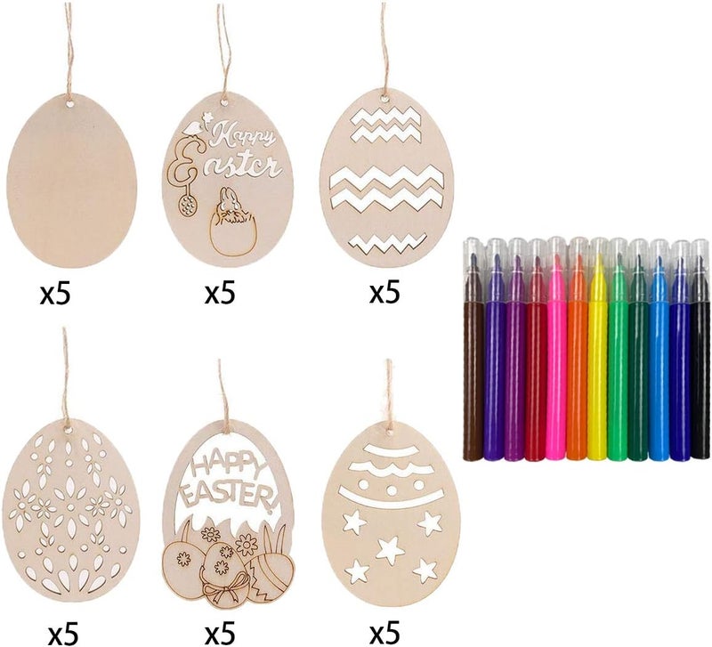 Antitoy 30 PCS Easter Wooden Hanging Ornaments Unfinished Wood Slices Eggs Easter Crafts for Kids DIY Easter Decorations Party Supplies Decor - Image 2