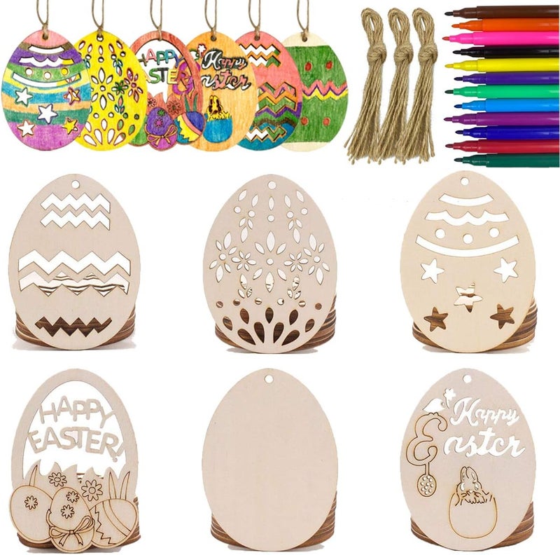 Antitoy 30 PCS Easter Wooden Hanging Ornaments Unfinished Wood Slices Eggs Easter Crafts for Kids DIY Easter Decorations Party Supplies Decor - Image 1