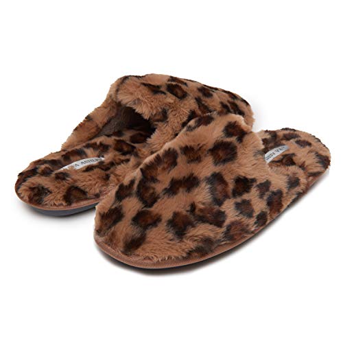 Laura Ashley Scuff Slippers, Plush Animal Print Slip-Ons for Women with Memory Foam Insole, Brown, XL - Image 2