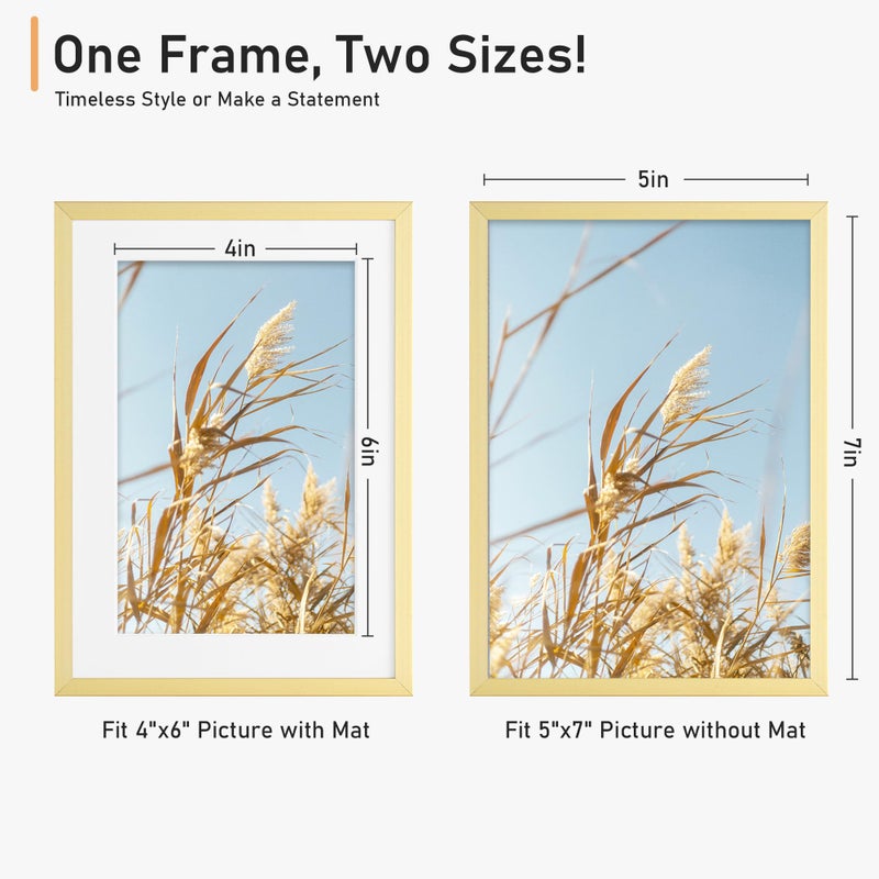 Acovy 5x7 إطار الصورة الألومنيوم 5x7 إطار مُحسّن إلى 4x6 5x7 إطار الصورة مع شبكي شبكي عالي الدقة 5 × 7 إطار للجدار أو الجدار الشاشة المتضمن (حزمة الذهب 1) - Image 4