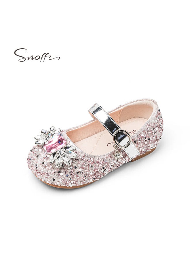 Snoffy Girls' Leather Shoes, Spring Elsa Princess Shoes, Children's Crystal Shoes, Performance Shoes For Older Kids, Soft-soled Shoes, Crystal Pink, Size 30 - Image 1