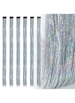 Edoneery 19.7 Inch Clip In Hair Tinsel Fairy Hair Tinsel Kit Clips Clip On Glitter Hair Tinsel Extensions Silver  - Image 1