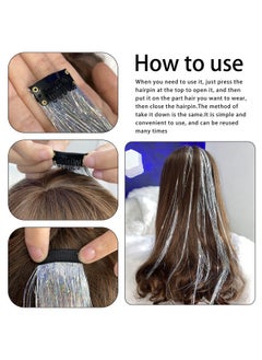 Edoneery 19.7 Inch Clip In Hair Tinsel Fairy Hair Tinsel Kit Clips Clip On Glitter Hair Tinsel Extensions Silver  - Image 4