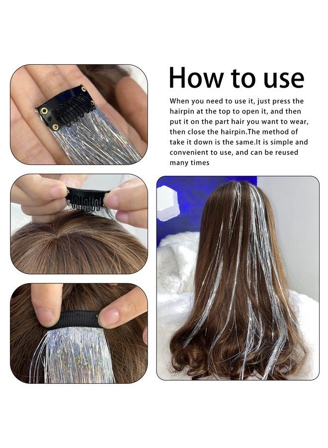 Edoneery 19.7 Inch Clip In Hair Tinsel Fairy Hair Tinsel Kit Clips Clip On Glitter Hair Tinsel Extensions Silver - Image 4