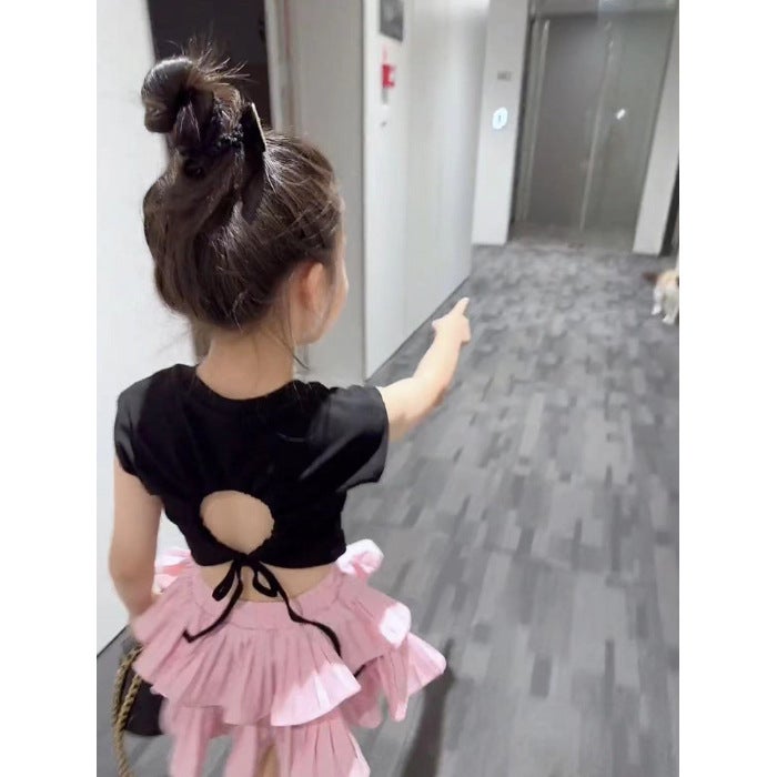 Female Babys Korean Style Fashionable Solid Color Cake Skirt suit Big Kids Summer New Stylish Backless Top Two-piece Set Black top + pink skirt