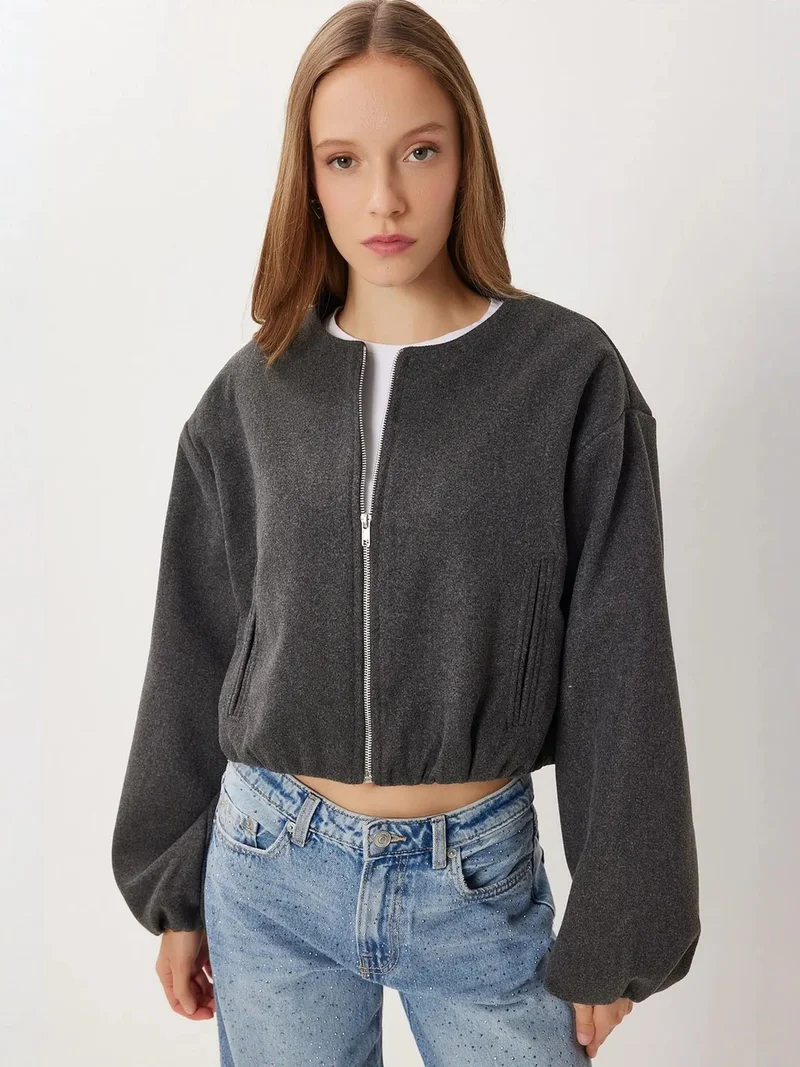 Lovely Istanbul ISTANBUL Textured Crop Zippered Jacket