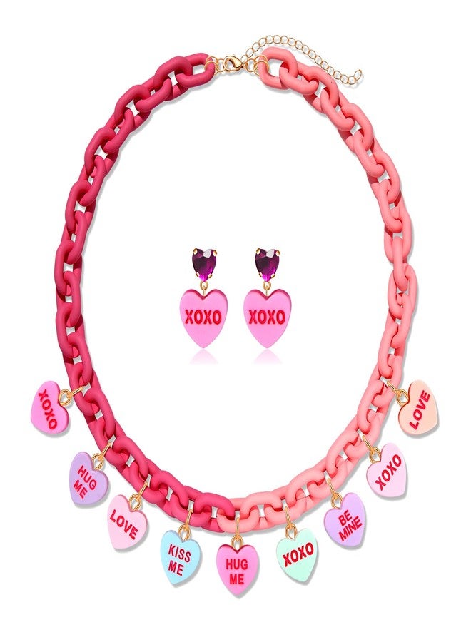 CEALXHENY Valentine’s Day Necklace Earrings for Women LOVE XOXO Conversation Heart Choker Necklace Pink Chunky Link Chain Necklace Valentine’s Day Outfits Jewelry Gifts Party Favors (Style A) - Image 1