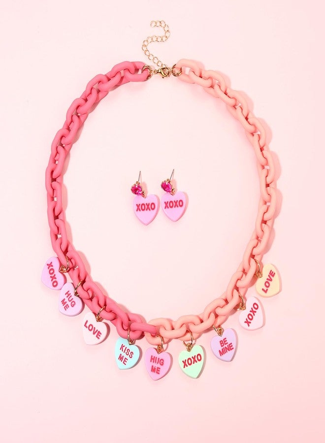 CEALXHENY Valentine’s Day Necklace Earrings for Women LOVE XOXO Conversation Heart Choker Necklace Pink Chunky Link Chain Necklace Valentine’s Day Outfits Jewelry Gifts Party Favors (Style A) - Image 3