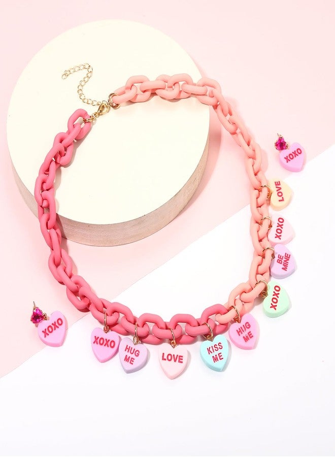 CEALXHENY Valentine’s Day Necklace Earrings for Women LOVE XOXO Conversation Heart Choker Necklace Pink Chunky Link Chain Necklace Valentine’s Day Outfits Jewelry Gifts Party Favors (Style A) - Image 5