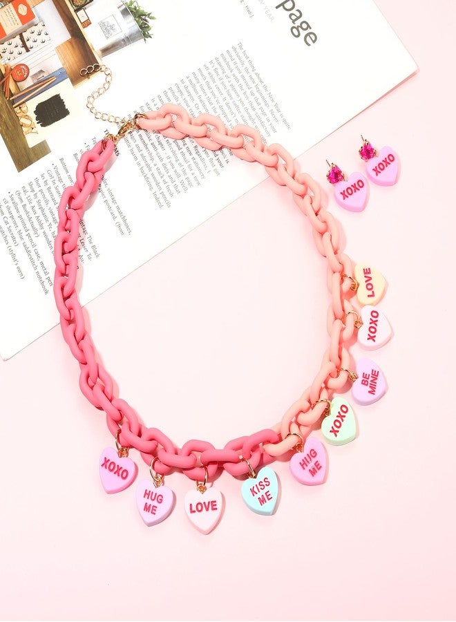 CEALXHENY Valentine’s Day Necklace Earrings for Women LOVE XOXO Conversation Heart Choker Necklace Pink Chunky Link Chain Necklace Valentine’s Day Outfits Jewelry Gifts Party Favors (Style A) - Image 2
