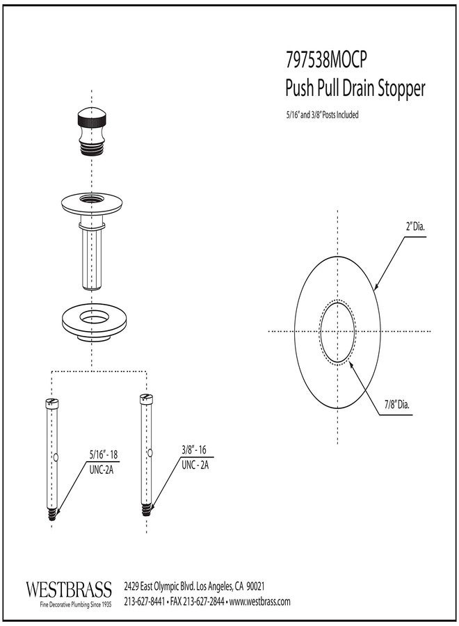ويست براس آلية حوض استحمام بديلة من Westbrass 797538MOCP مقاس 3/8 بوصة تعمل بنظام الدفع والسحب مع غطاء، مطلية بالكروم المصقول - Image 2