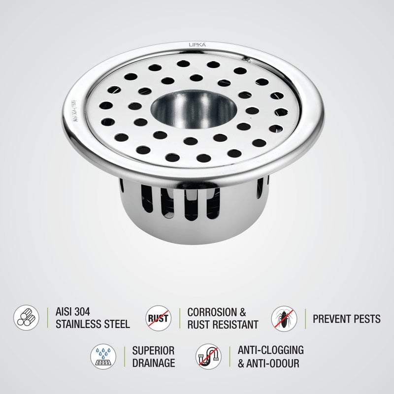 Lipka Round Floor Drain (4 Inches) with Hole | 304-Grade Stainless Steel Drain Jali with Cockroach Trap | Floor Trap with Collar & Rotating Lock/Jali, Grating Trap Drain Cover for Bath and Kitchen - Image 3