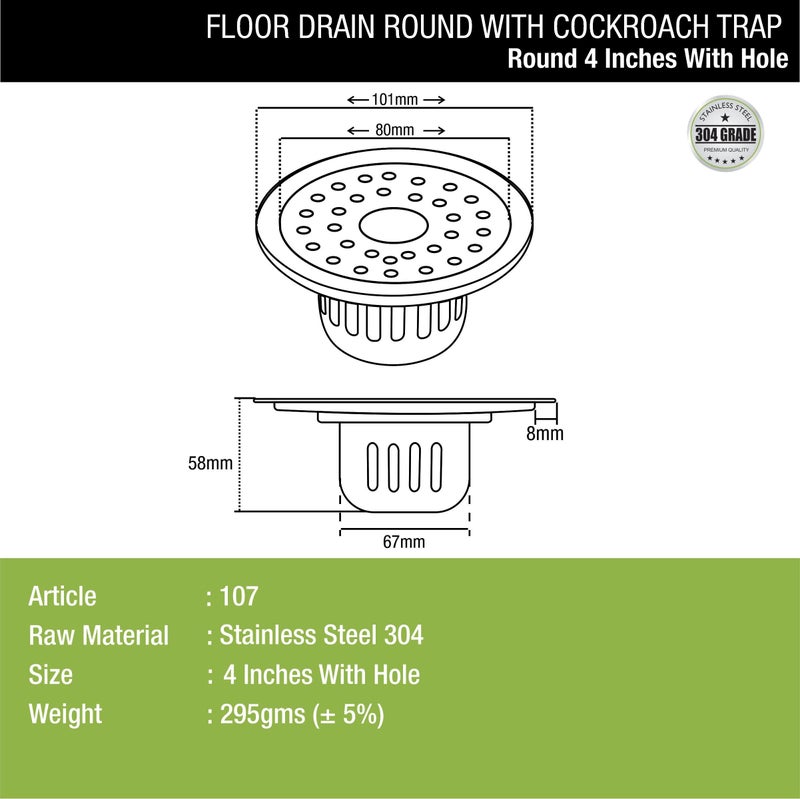 Lipka Round Floor Drain (4 Inches) with Hole | 304-Grade Stainless Steel Drain Jali with Cockroach Trap | Floor Trap with Collar & Rotating Lock/Jali, Grating Trap Drain Cover for Bath and Kitchen - Image 2
