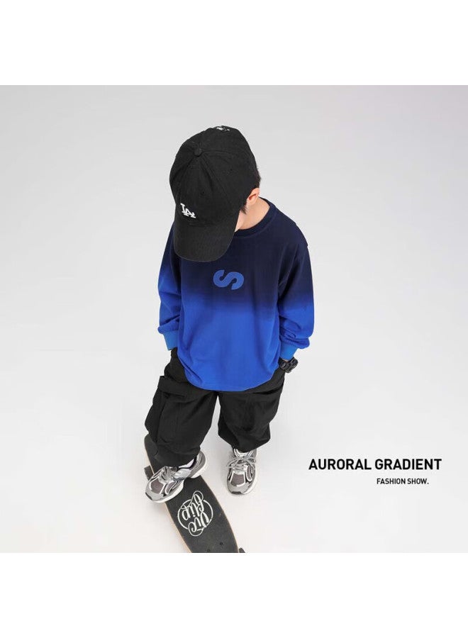 Zuoxi Boys' Gradient Cotton T-shirt Autumn Aurora Colorful Printed Base Shirt Trend Blue 120 - Image 1