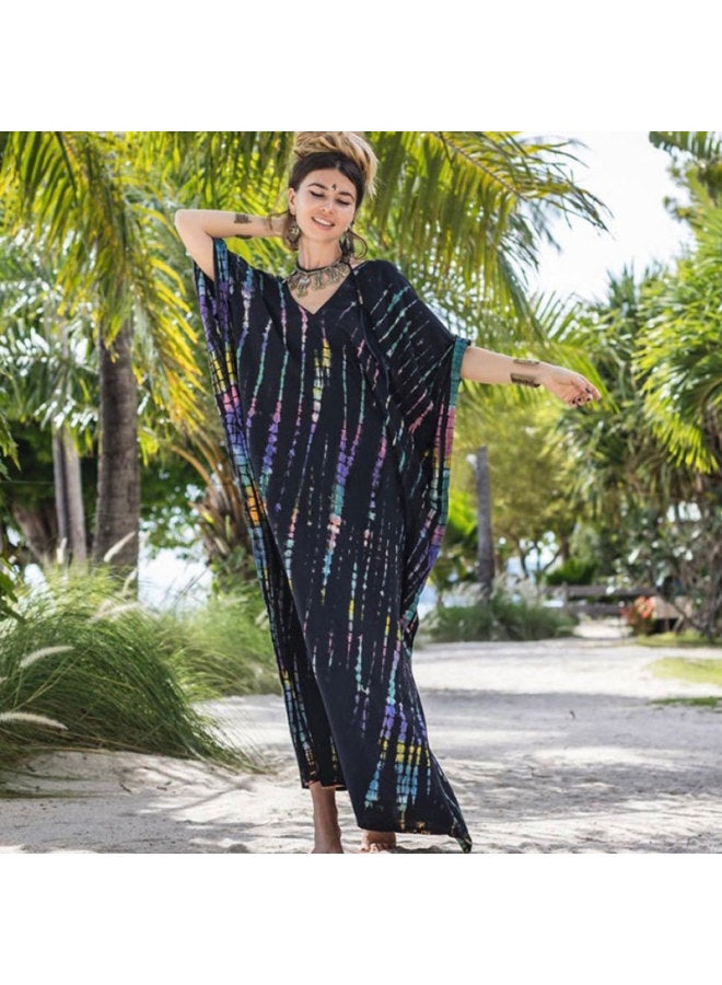 European And American Rayon Tie-dyed Beach Dress Loose Gown Seaside Holiday Bikini Swimsuit Outer Blouse Sunscreen Shirt For Women-Color:Black Background Color Bar (ZS1657-26)-  - Image 1