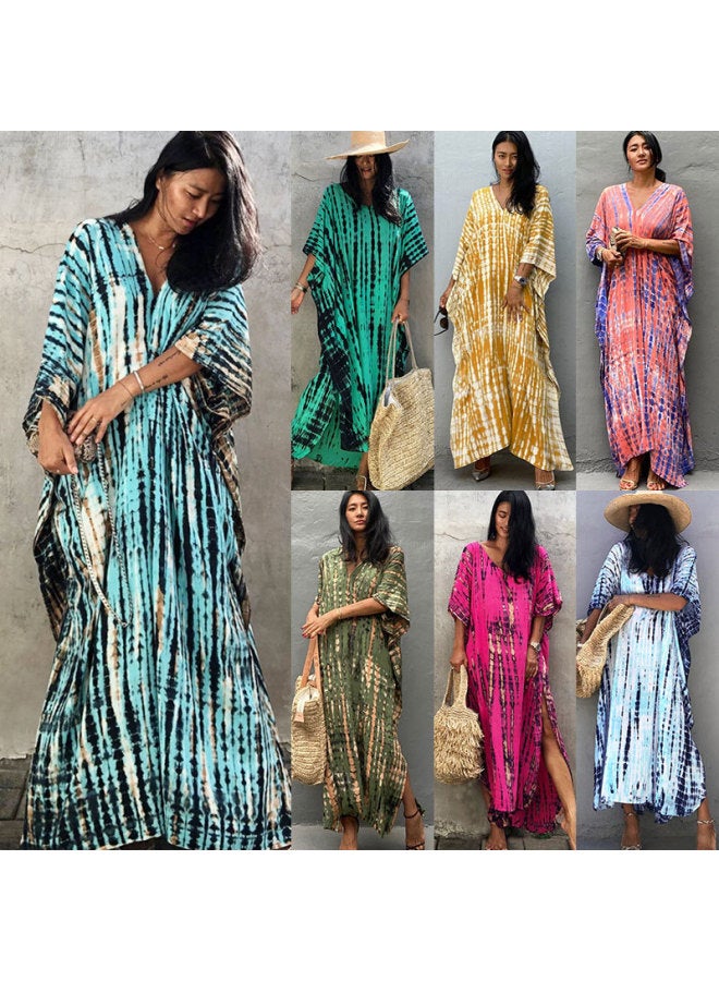 European And American Rayon Tie-dyed Beach Dress Loose Gown Seaside Holiday Bikini Swimsuit Outer Blouse Sunscreen Shirt For Women-Color:Black Background Color Bar (ZS1657-26)-  - Image 2