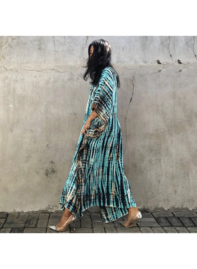 European And American Rayon Tie-dyed Beach Dress Loose Gown Seaside Holiday Bikini Swimsuit Outer Blouse Sunscreen Shirt For Women-Color:Black Background Color Bar (ZS1657-26)-  - Image 5