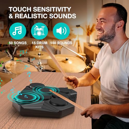 ROCKSOCKI Electronic Tabletop Drum Set, Portable Digital Drum Kit 7 Velocity Sensitivity Drum Pads, LED Music Level Light, USB-MIDI Mac & PC Support, Ideal Gift for Adult and Beginners - Image 2