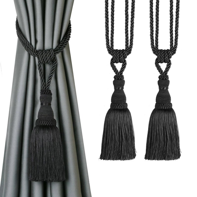 BEL AVENIR 2 Pack Curtain Tiebacks Tassel Drapery TieBacks Rope Handmade Holdbacks Home Office Hotel Decorative Black