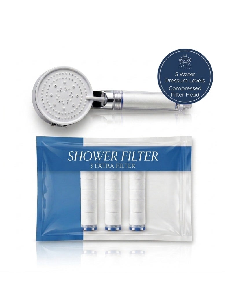 ماجيكا رأس فلتر دش عالي الضغط مع 3 فلاتر PP Cotton إضافية – 5 أوضاع رش قابلة للتعديل – فلتر تنقية مياه ثلاثي الطبقات – يزيل الكلور والشوائب – مناسب لتساقط الشعر وقشرة الرأس وجفاف البشرة - Image 1
