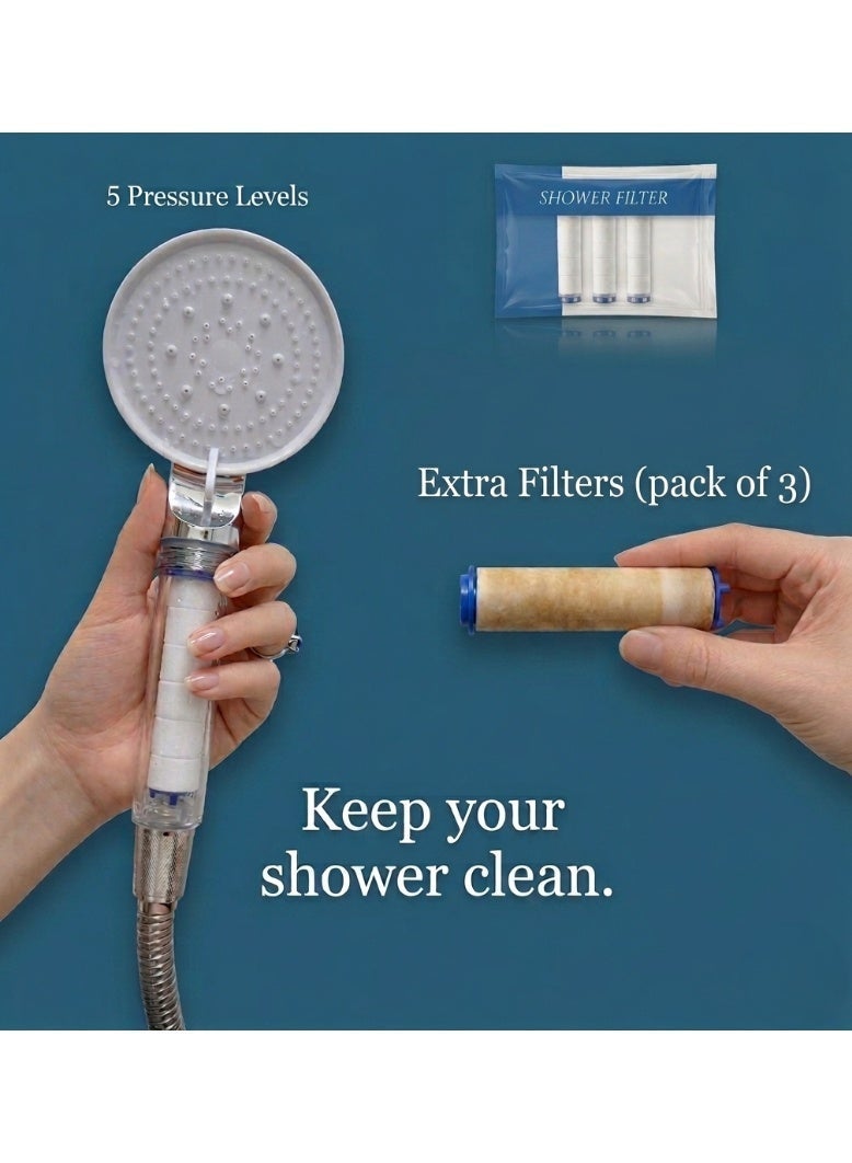 ماجيكا رأس فلتر دش عالي الضغط مع 3 فلاتر PP Cotton إضافية – 5 أوضاع رش قابلة للتعديل – فلتر تنقية مياه ثلاثي الطبقات – يزيل الكلور والشوائب – مناسب لتساقط الشعر وقشرة الرأس وجفاف البشرة - Image 4