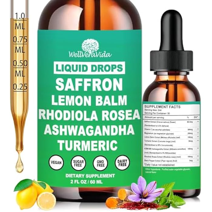 WellVeraVida Saffron Supplements Liquid Drops- 88.5mg Pure Saffron Extract for Stress Relief & Calm Mood Support丨Advance 8-in-1 liquid Saffron w. Ashwagandha & Rhodiola Rosea, Fast Absorption Than Saffron Gummies - Image 1