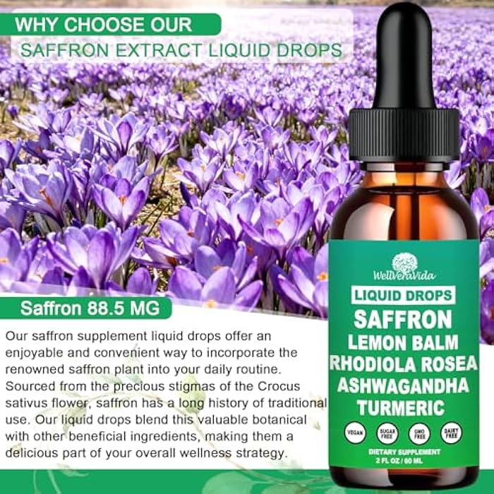 WellVeraVida Saffron Supplements Liquid Drops- 88.5mg Pure Saffron Extract for Stress Relief & Calm Mood Support丨Advance 8-in-1 liquid Saffron w. Ashwagandha & Rhodiola Rosea, Fast Absorption Than Saffron Gummies - Image 3