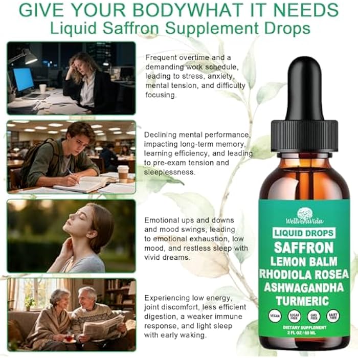 WellVeraVida Saffron Supplements Liquid Drops- 88.5mg Pure Saffron Extract for Stress Relief & Calm Mood Support丨Advance 8-in-1 liquid Saffron w. Ashwagandha & Rhodiola Rosea, Fast Absorption Than Saffron Gummies - Image 5