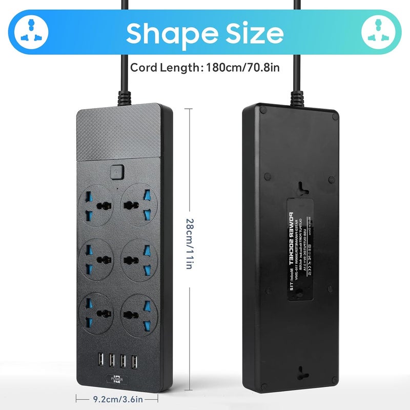Baytion Universal Extension lead, with 6 gang of UK Plug 3 Pin Socket and 4 USB Port, 2 Meters Electric Socket Mains Strip with Surge Protection for Kitchen, Home and Office (Black) - Image 2