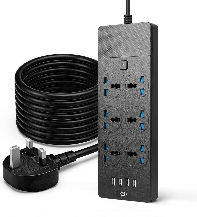Baytion Universal Extension lead, with 6 gang of UK Plug 3 Pin Socket and 4 USB Port, 2 Meters Electric Socket Mains Strip with Surge Protection for Kitchen, Home and Office (Black) - Image 1