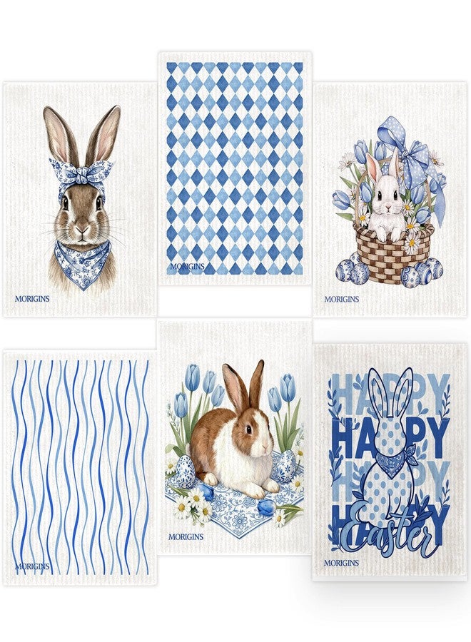 Morigins Swedish Kitchen Dishcloth Blue and White Porcelain Easter Bunny 7x8inch Reusable Absorbent Towel Kitchen and Bathroom Countertop Cleaning Cellulose Sponge Cloth Spring and Summer 6 Piece - Image 1