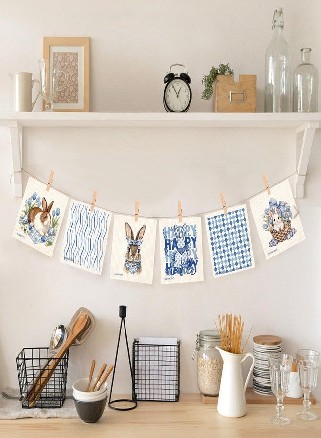 Morigins Swedish Kitchen Dishcloth Blue and White Porcelain Easter Bunny 7x8inch Reusable Absorbent Towel Kitchen and Bathroom Countertop Cleaning Cellulose Sponge Cloth Spring and Summer 6 Piece - Image 3