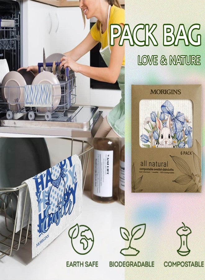Morigins Swedish Kitchen Dishcloth Blue and White Porcelain Easter Bunny 7x8inch Reusable Absorbent Towel Kitchen and Bathroom Countertop Cleaning Cellulose Sponge Cloth Spring and Summer 6 Piece - Image 4