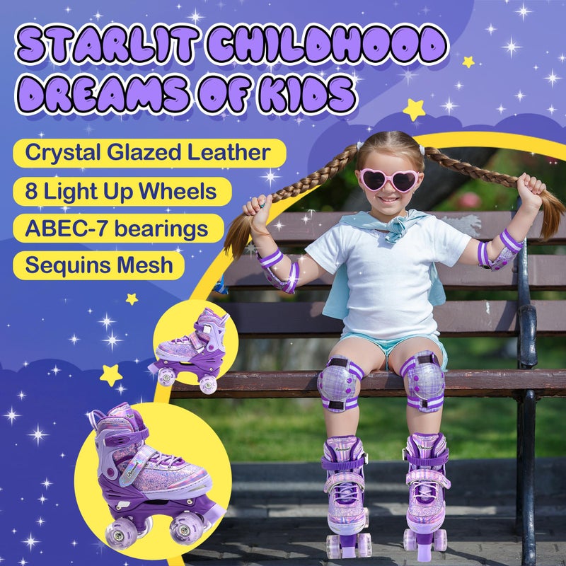 DFXLF Kids Roller Skates for Girls Boys 4 Size Adjustable Ages 3-5 5-8 6-12 Purple Quad Rollerskates with Light Up Wheels for Beginner Children's Birthday Gift patines para niÃ±as Outdoor Sports - Image 2