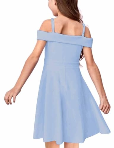 LuckyShe Girls Elegant Princess Cold Shoulder Fold Pleated High Waist Flared A Line Formal Party Dresses,Light Blue,10 Years - Image 3