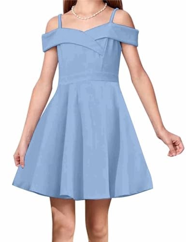 LuckyShe Girls Elegant Princess Cold Shoulder Fold Pleated High Waist Flared A Line Formal Party Dresses,Light Blue,10 Years - Image 1
