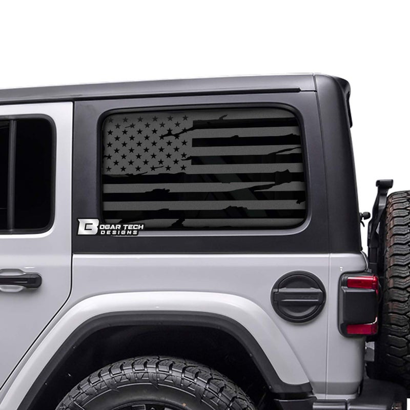 Bogar Tech Designs Precut American Flag Vinyl Rear Side Window Decals Compatible with The 4 Door Jeep Wrangler JLU 20182025 Distressed Matte Black