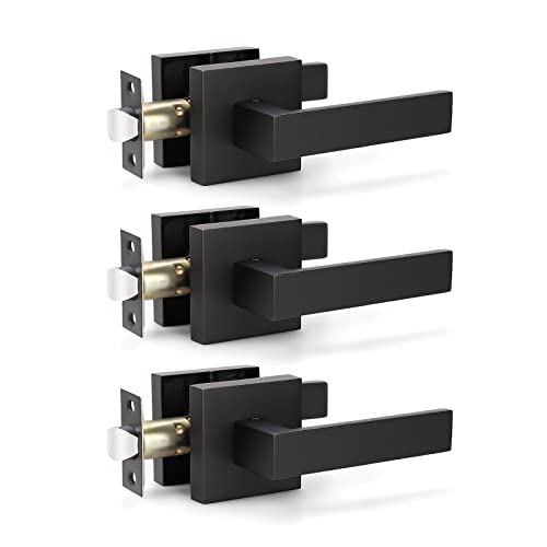 KNOBWELL 3 Pack Square Passage Door Lever Set, Heavy Duty Door Handle for Closet, Passage Door Levers Matte Black (No Lock/Key) - Image 1