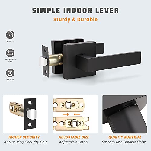 KNOBWELL 3 Pack Square Passage Door Lever Set, Heavy Duty Door Handle for Closet, Passage Door Levers Matte Black (No Lock/Key) - Image 4