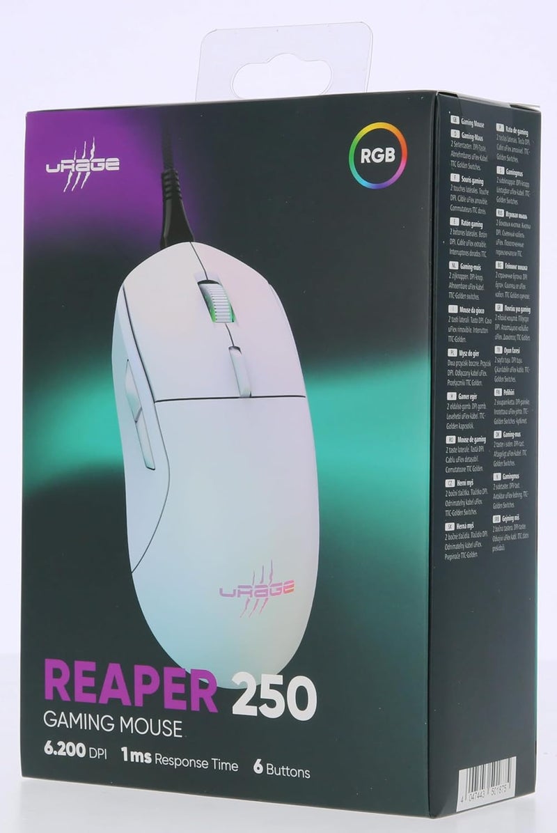 uRage Reaper 250 Wired Gaming Mouse (Rainbow LED, Ultra Light, Right-Handed, 6 Programmable Buttons, 6200 dpi, Optical Sensor, Software, Removable Cable) White - Image 5