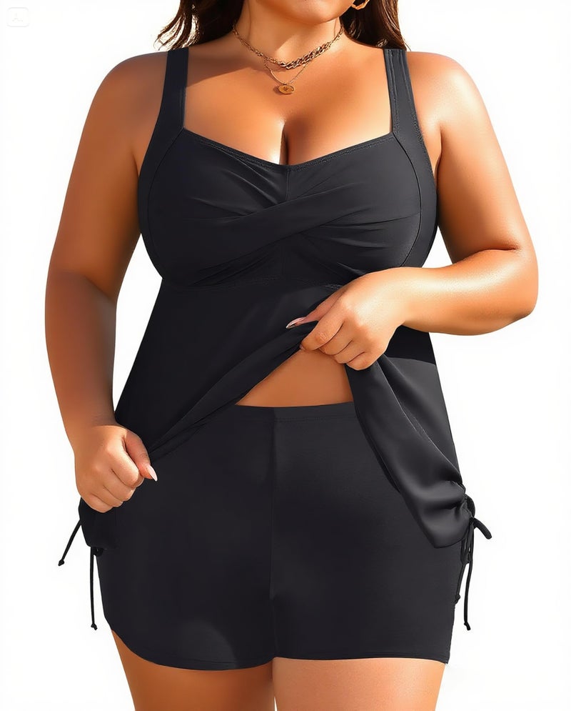Aqua Eve Women Plus Size Tankini Swimsuit Two Piece Flowy Swimdress Bathing Suits with Shorts Black 20W - Image 5
