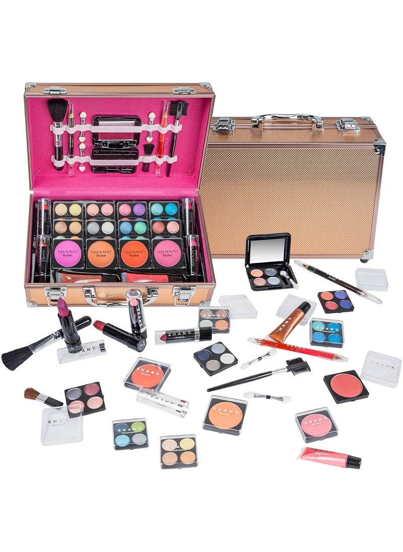 Shany - SHANY Carry All Makeup Train Case with Pro Makeup Set, Makeup Brushes, Lipsticks, Eye Shadows, Blushes, Powders, and more - Reusable Makeup Storage Organizer - Premium Gift Packaging - Rose Gold - Image 1