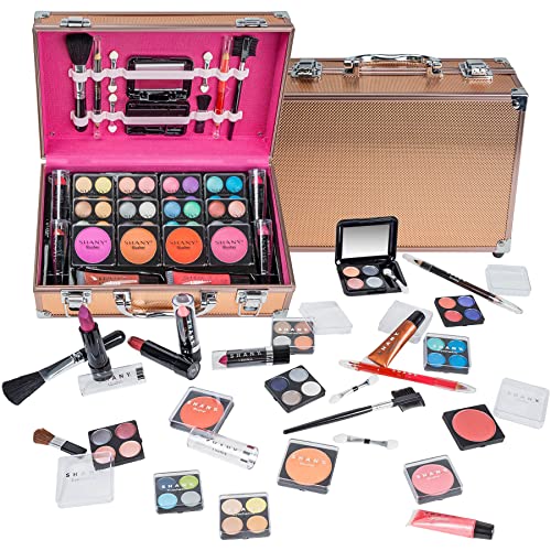 SHANY Carry All Make up Train Case with Pro Makeup Set, Beauty Brushes, Lipsticks, Eye Shadows, Blushes, Powders, and more - Reusable Cosmetics Storage Organizer - Premium Gift Packaging - Rose Gold - Image 1