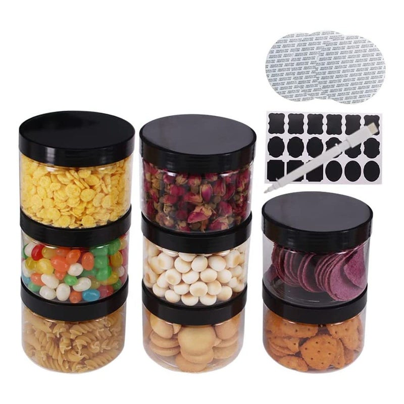 zmybcpack 12 Pack 8 OZ Clear Plastic Jars With Black Lids A Spatula A Pen  Labels  BPA Free PET Container for Cosmetics Cream Bathroom Kitchen  Travel Plastic Slime Storage Jars